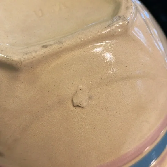 Antique (1930s) McCoy Yellow Ware Stoneware Bowl with Blue & Pink Stripes - Picture 12 of 14